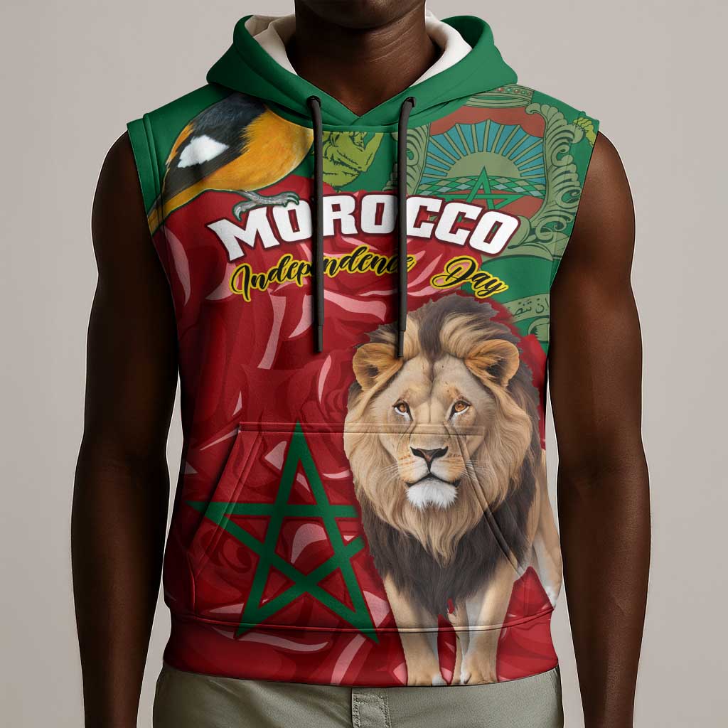 Morocco Independence Day Sleeveless Hoodie with Barbary Lion and Moussier's Redstart - African Pride