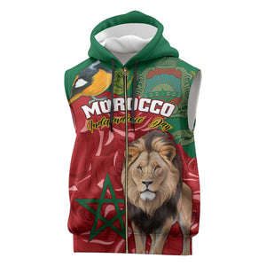 Morocco Independence Day Sleeveless Zip Hoodie with Barbary Lion and Moussier's Redstart - African Pride