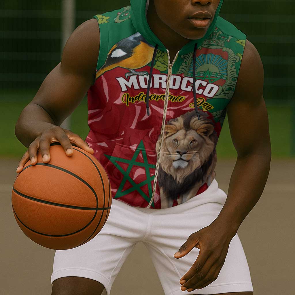 Morocco Independence Day Sleeveless Zip Hoodie with Barbary Lion and Moussier's Redstart - African Pride