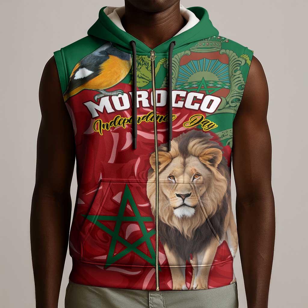 Morocco Independence Day Sleeveless Zip Hoodie with Barbary Lion and Moussier's Redstart - African Pride