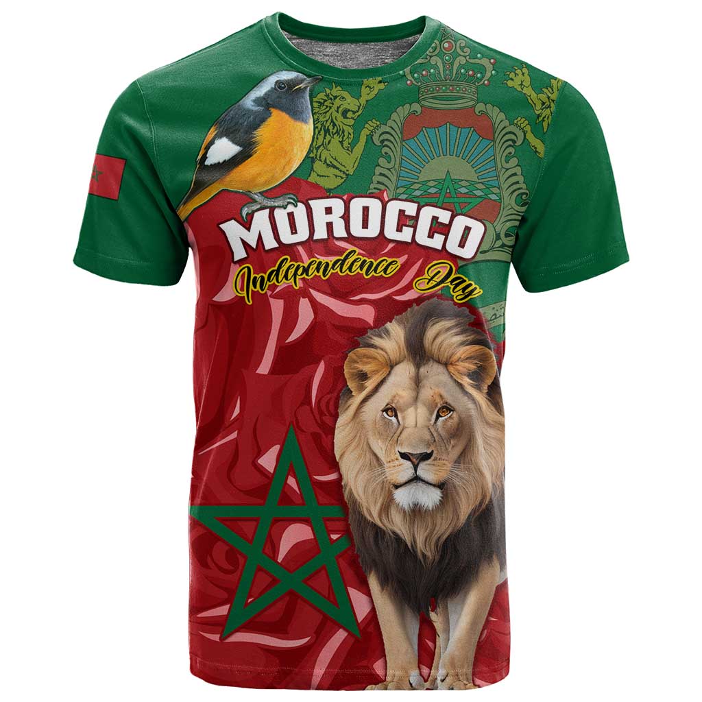 Morocco Independence Day T shirt with Barbary Lion and Moussier's Redstart