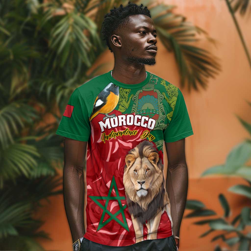 Morocco Independence Day T shirt with Barbary Lion and Moussier's Redstart