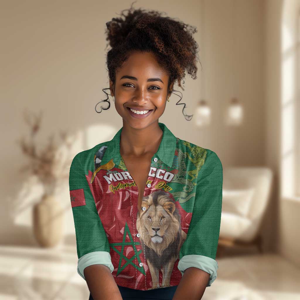 Morocco Independence Day Women Casual Shirt with Barbary Lion and Moussier's Redstart LT01