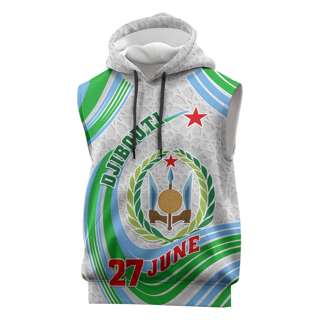 Custom Djibouti Independence Day Sleeveless Hoodie - June 27, Jabuuti Emblem with Islamic Pattern - African Pride