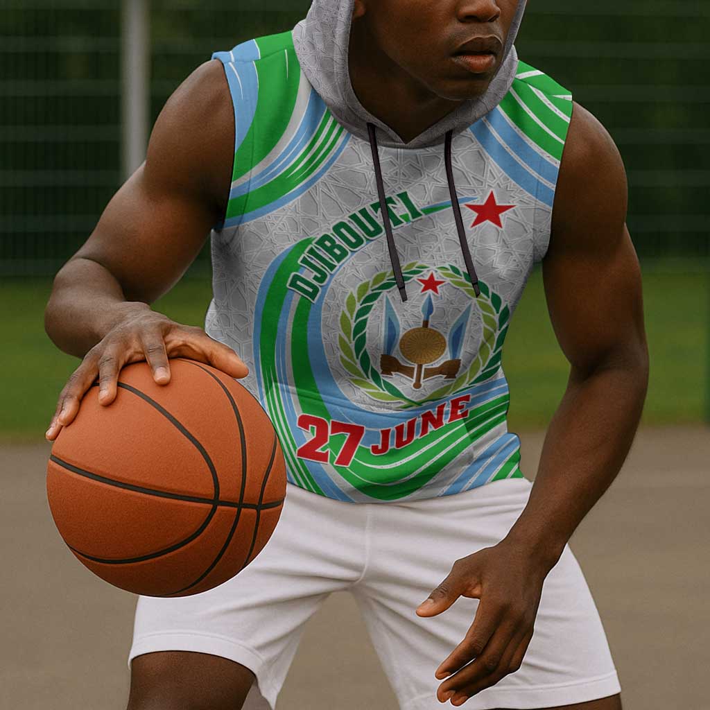 Custom Djibouti Independence Day Sleeveless Hoodie - June 27, Jabuuti Emblem with Islamic Pattern - African Pride