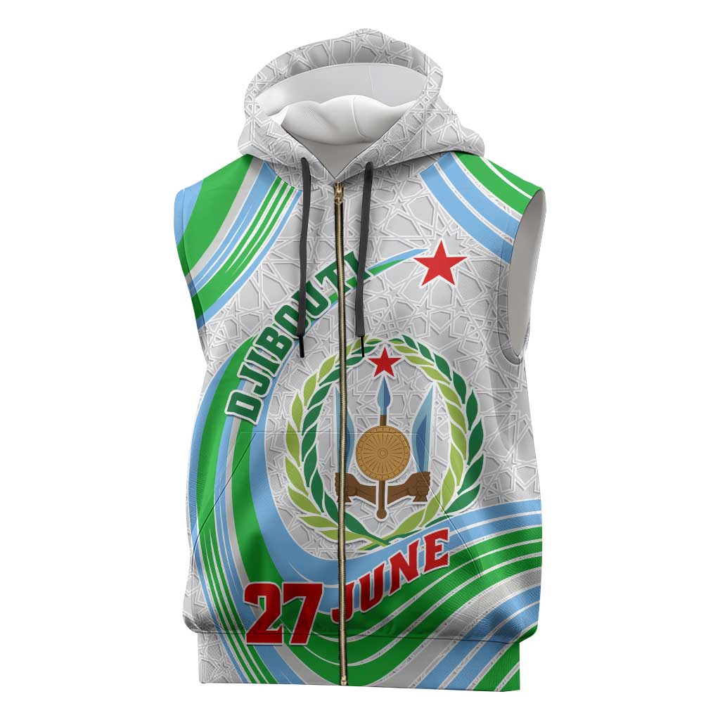 Custom Djibouti Independence Day Sleeveless Zip Hoodie - June 27, Jabuuti Emblem with Islamic Pattern - African Pride