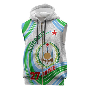 Custom Djibouti Independence Day Sleeveless Zip Hoodie - June 27, Jabuuti Emblem with Islamic Pattern - African Pride