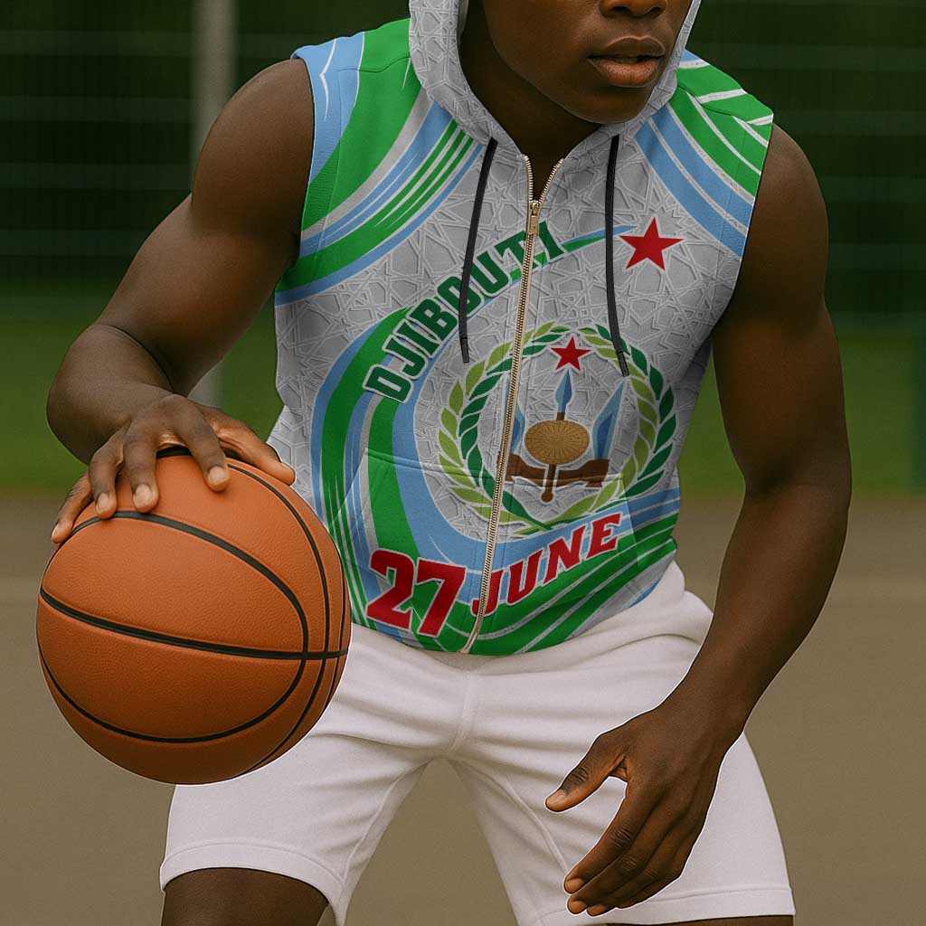 Custom Djibouti Independence Day Sleeveless Zip Hoodie - June 27, Jabuuti Emblem with Islamic Pattern - African Pride