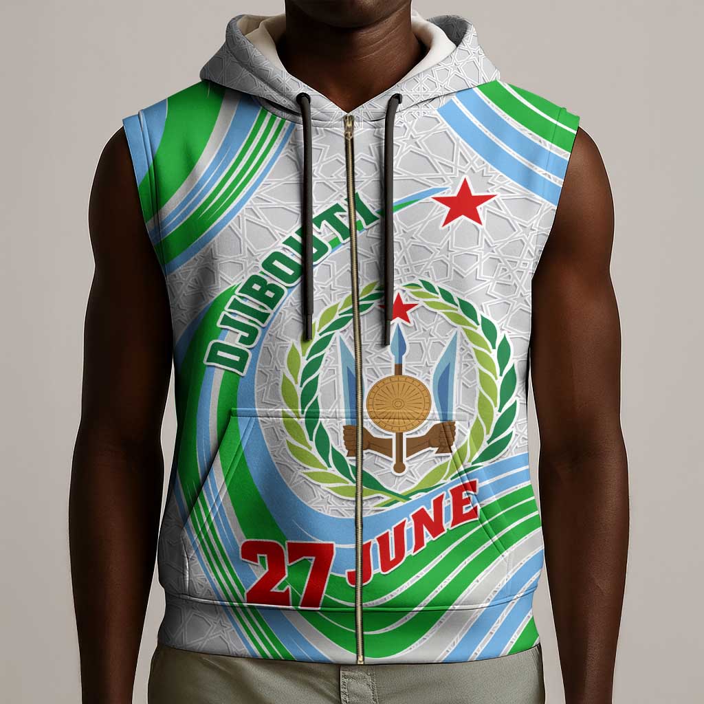 Custom Djibouti Independence Day Sleeveless Zip Hoodie - June 27, Jabuuti Emblem with Islamic Pattern - African Pride