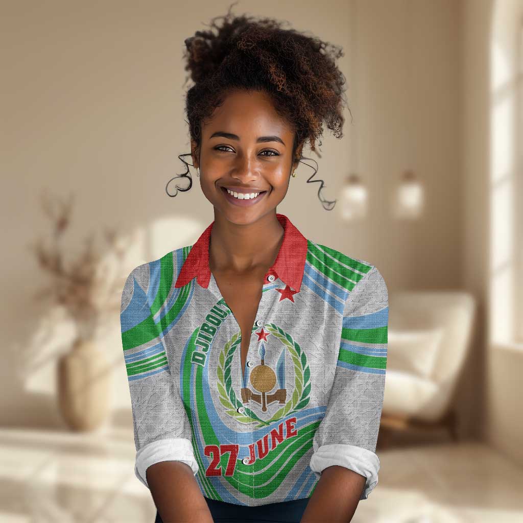Custom Djibouti Independence Day Women Casual Shirt - June 27, Jabuuti Emblem with Islamic Pattern LT01