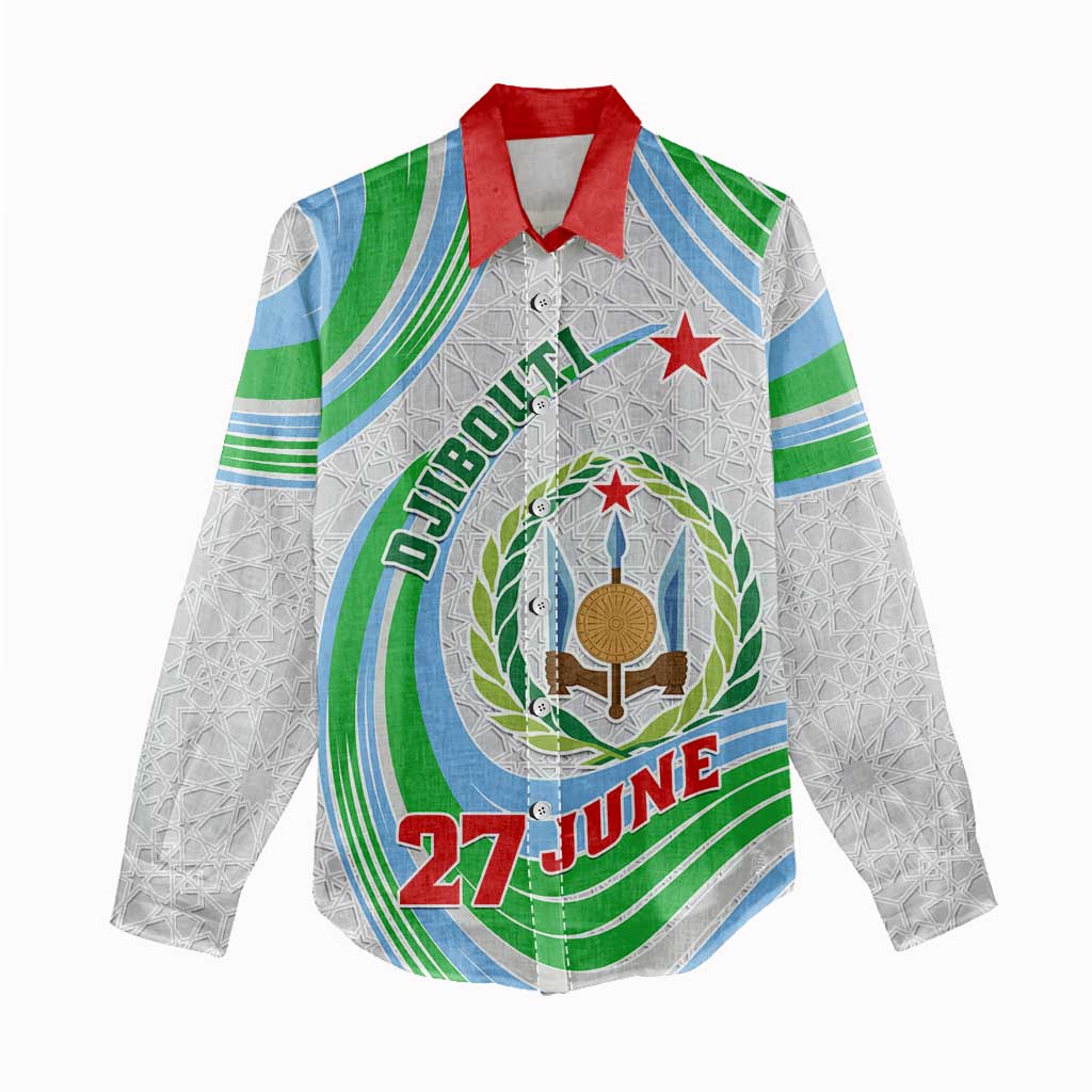 Custom Djibouti Independence Day Women Casual Shirt - June 27, Jabuuti Emblem with Islamic Pattern LT01