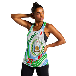 Custom Djibouti Independence Day Women Racerback Tank - June 27, Jabuuti Emblem with Islamic Pattern