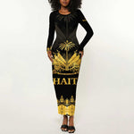 Haiti Neg Marron Long Sleeve Bodycon Dress Lespwa pa anyen san aksyon - Gold LT01