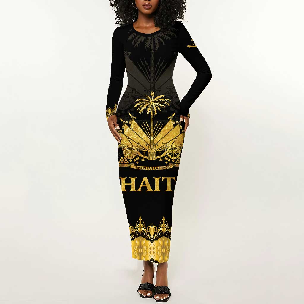 Haiti Neg Marron Long Sleeve Bodycon Dress Lespwa pa anyen san aksyon - Gold LT01