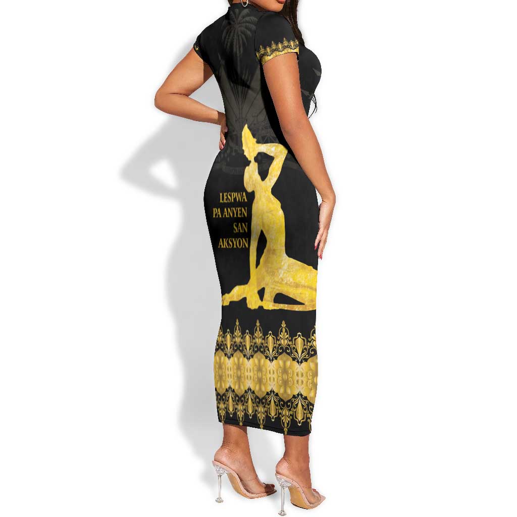 Haiti Neg Marron Short Sleeve Bodycon Dress Lespwa pa anyen san aksyon - Gold LT01