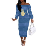 Kingdom of Loango Off The Shoulder Long Sleeve Dress African Pattern Flag Stylized