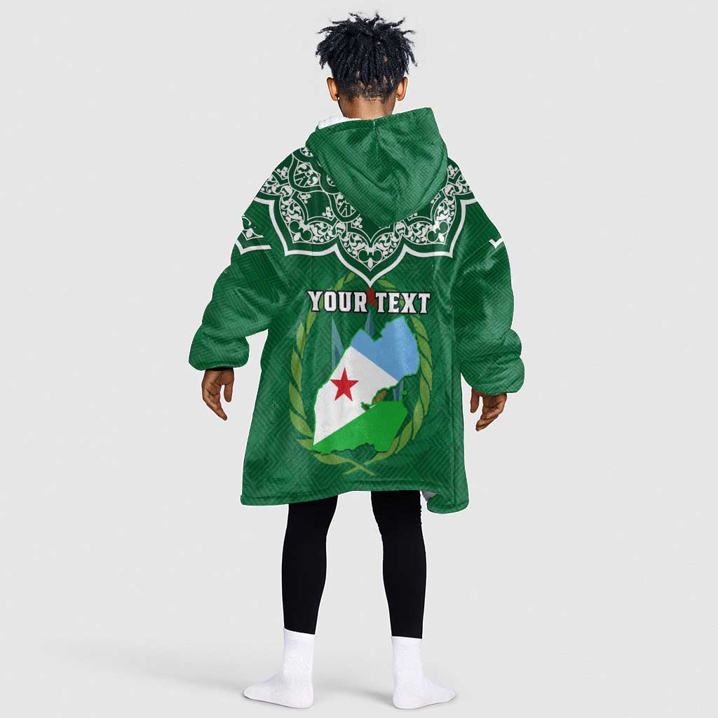 Custom Djibouti KId Wearable Blanket Hoodie with Jabuuti Emblem and Islamic Floral Circle