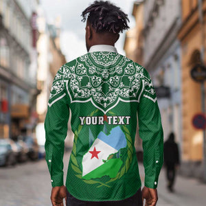 Custom Djibouti Long Sleeve Button Shirt with Jabuuti Emblem and Islamic Floral Circle