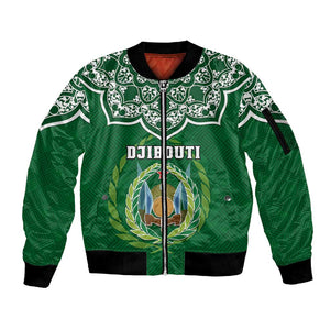 Custom Djibouti Sleeve Zip Bomber Jacket with Jabuuti Emblem and Islamic Floral Circle
