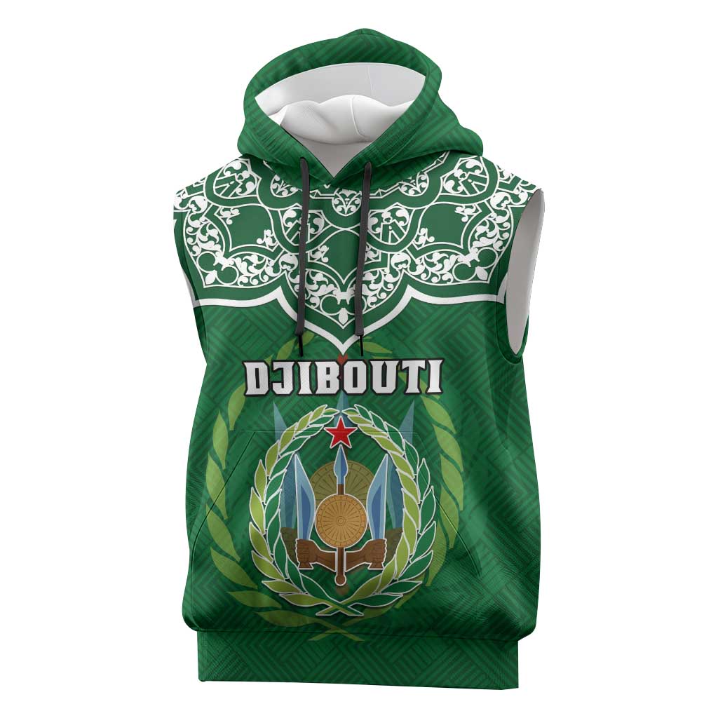 Custom Djibouti Sleeveless Hoodie with Jabuuti Emblem and Islamic Floral Circle - African Pride