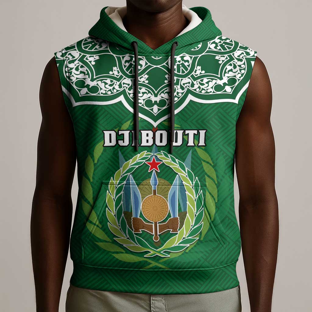 Custom Djibouti Sleeveless Hoodie with Jabuuti Emblem and Islamic Floral Circle - African Pride