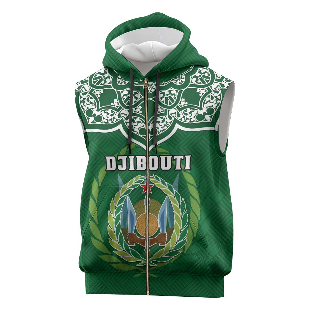 Custom Djibouti Sleeveless Zip Hoodie with Jabuuti Emblem and Islamic Floral Circle - African Pride