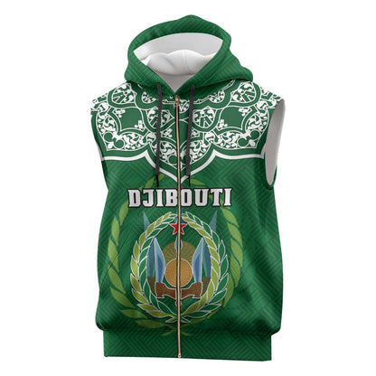 Custom Djibouti Sleeveless Zip Hoodie with Jabuuti Emblem and Islamic Floral Circle - African Pride