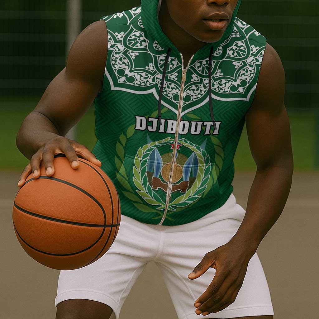 Custom Djibouti Sleeveless Zip Hoodie with Jabuuti Emblem and Islamic Floral Circle - African Pride