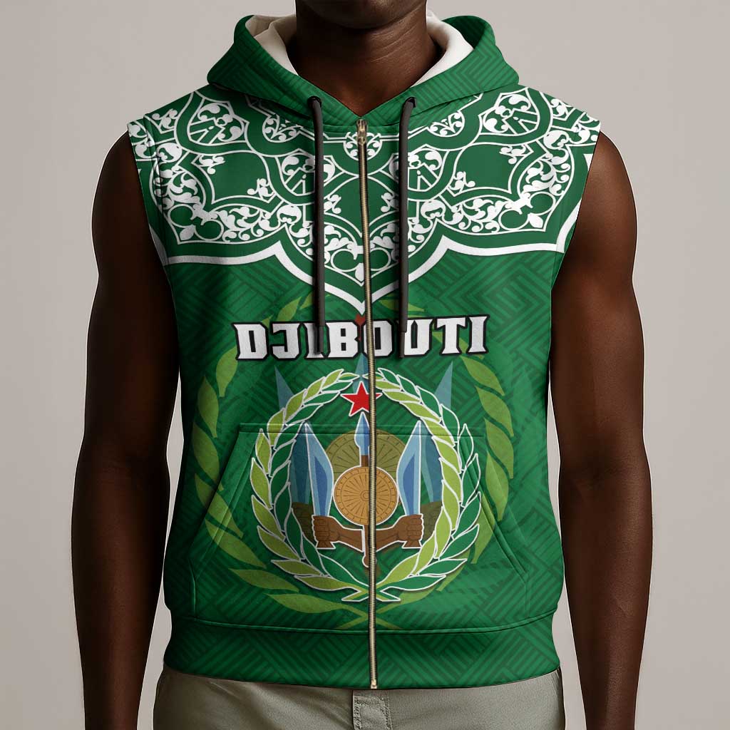 Custom Djibouti Sleeveless Zip Hoodie with Jabuuti Emblem and Islamic Floral Circle - African Pride