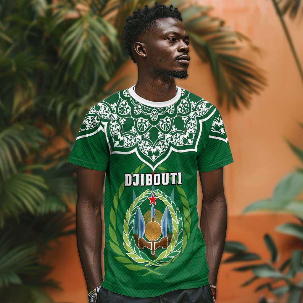 Custom Djibouti T shirt with Jabuuti Emblem and Islamic Floral Circle