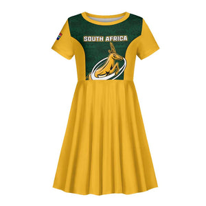 Custom South Africa Rugby Kid Short Sleeve Dress - Springboks Go Champions with Protea Pattern