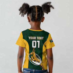 Custom South Africa Rugby Kid T shirt - Springboks Go Champions with Protea Pattern