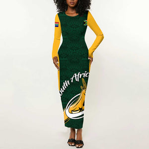 Custom South Africa Rugby Long Sleeve Bodycon Dress - Springboks Go Champions with Protea Pattern LT01