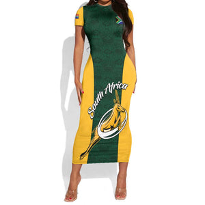 Custom South Africa Rugby Short Sleeve Bodycon Dress - Springboks Go Champions with Protea Pattern LT01