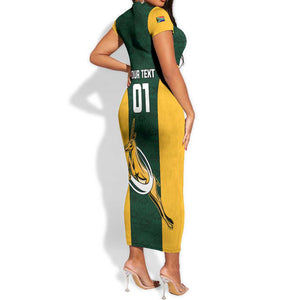 Custom South Africa Rugby Short Sleeve Bodycon Dress - Springboks Go Champions with Protea Pattern LT01