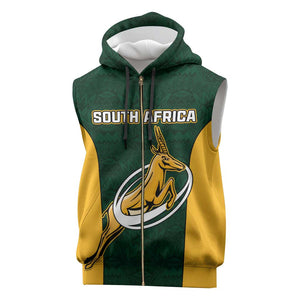 Custom South Africa Rugby Sleeveless Zip Hoodie - Springboks Go Champions with Protea Pattern - African Pride