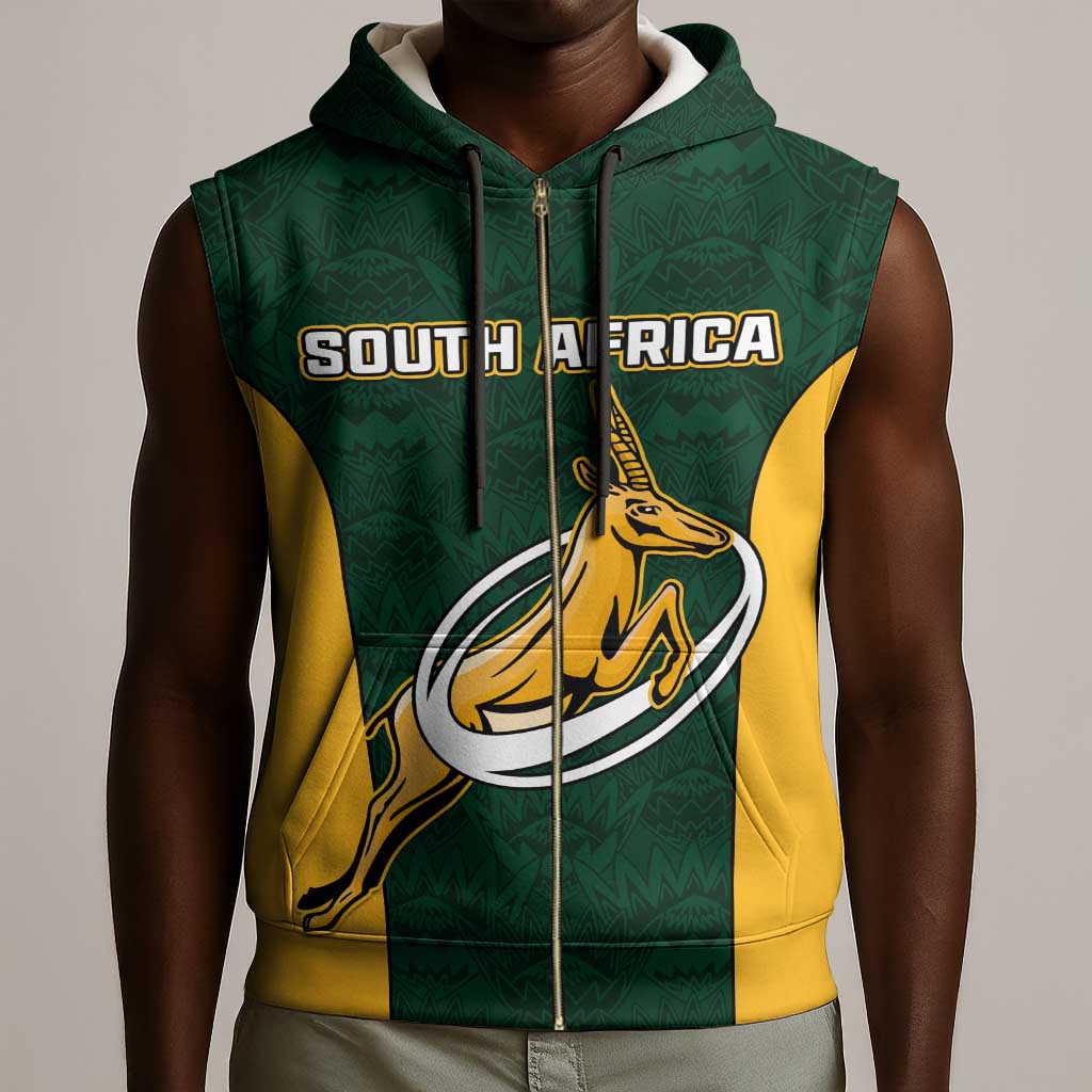 Custom South Africa Rugby Sleeveless Zip Hoodie - Springboks Go Champions with Protea Pattern - African Pride