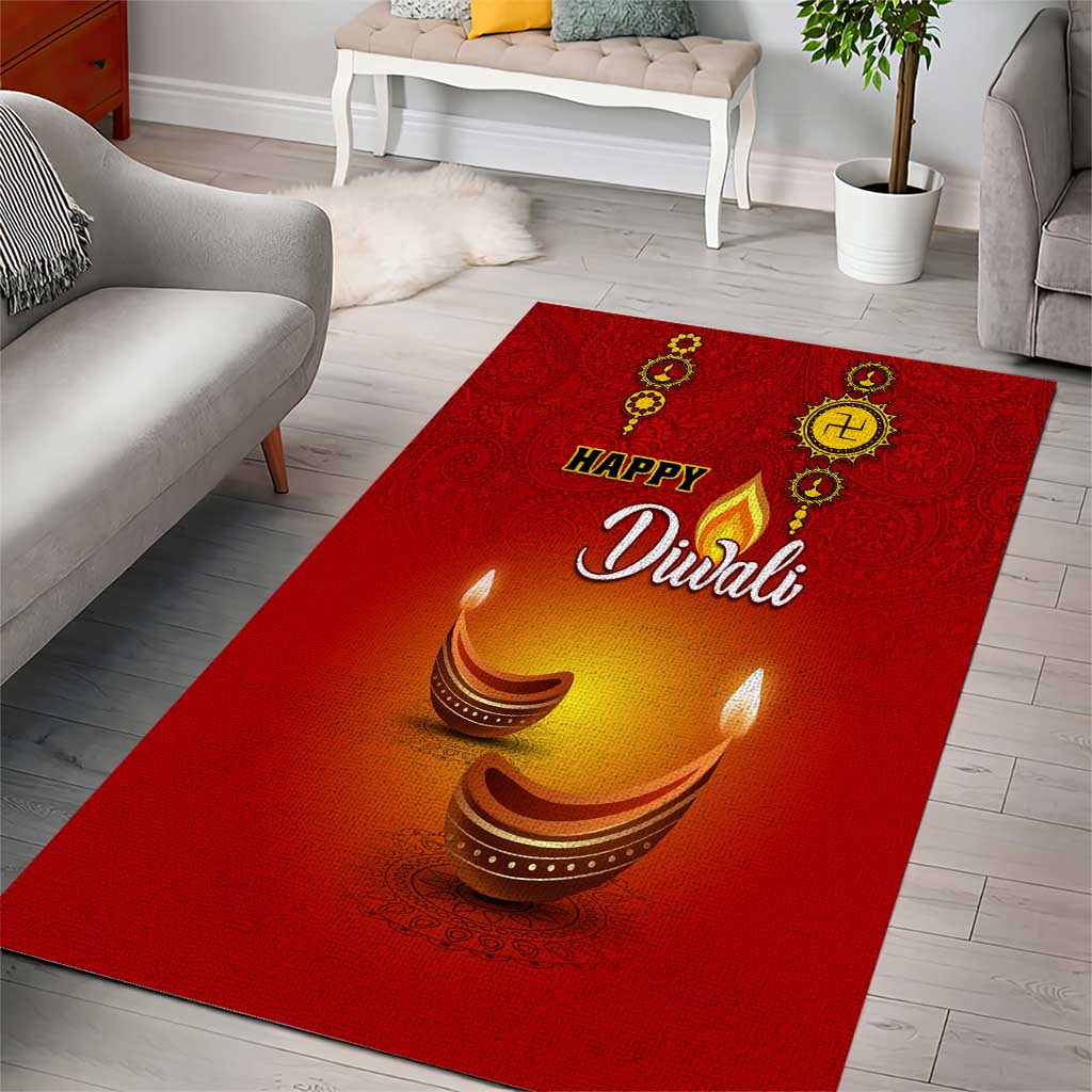Diwali Festival Area Rug with Diya and Paisley Pattern