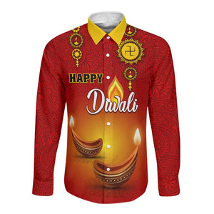 Personalized Diwali Festival Long Sleeve Button Shirt with Diya and Paisley Pattern