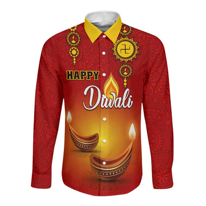 Personalized Diwali Festival Long Sleeve Button Shirt with Diya and Paisley Pattern