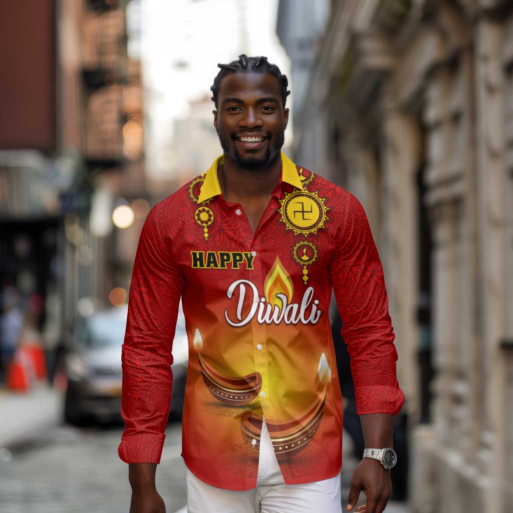 Personalized Diwali Festival Long Sleeve Button Shirt with Diya and Paisley Pattern