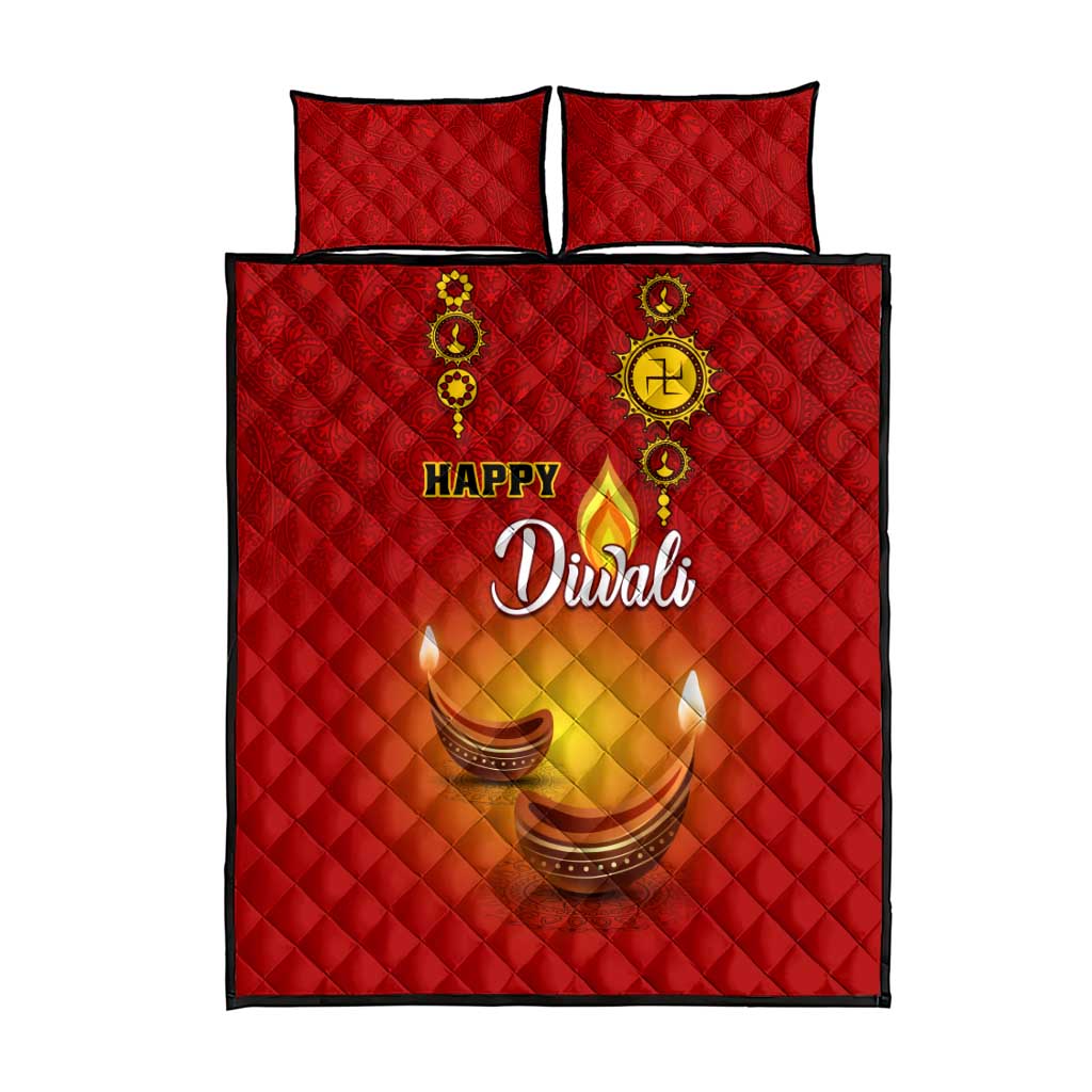 Diwali Festival Quilt Bed Set with Diya and Paisley Pattern
