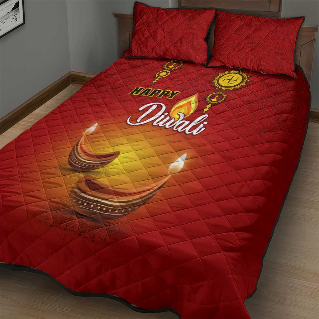 Diwali Festival Quilt Bed Set with Diya and Paisley Pattern