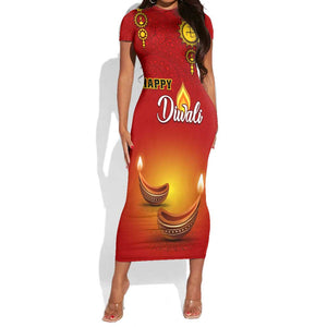 Personalized Diwali Festival Short Sleeve Bodycon Dress with Diya and Paisley Pattern LT01