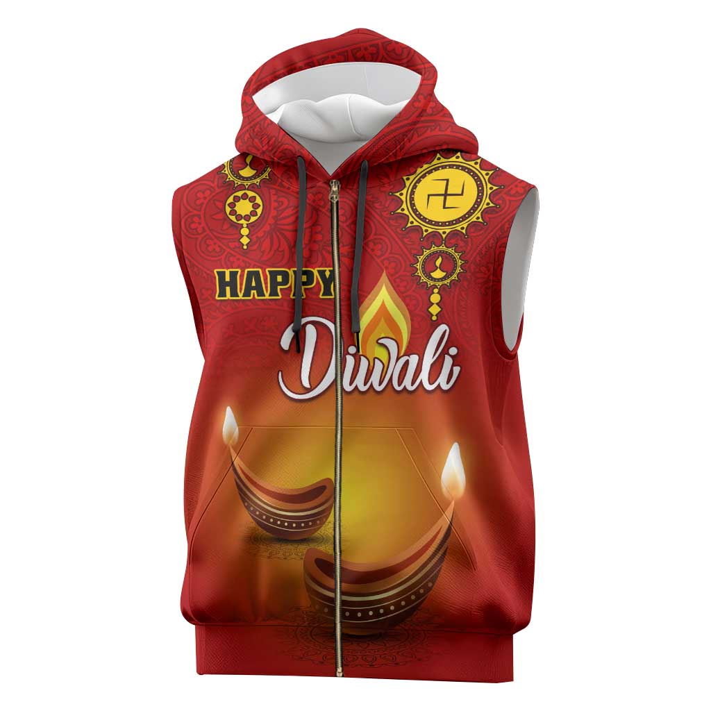 Personalized Diwali Festival Sleeveless Zip Hoodie with Diya and Paisley Pattern - African Pride
