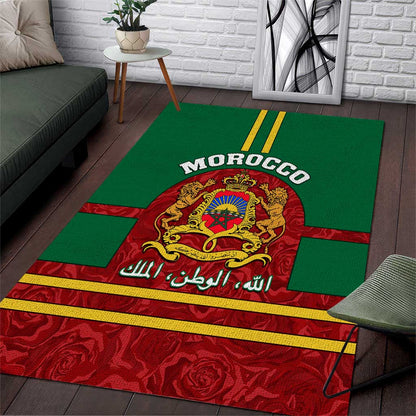 Morocco Proclamation Day Area Rug with Marruecos Coat of Arms and Roses Pattern