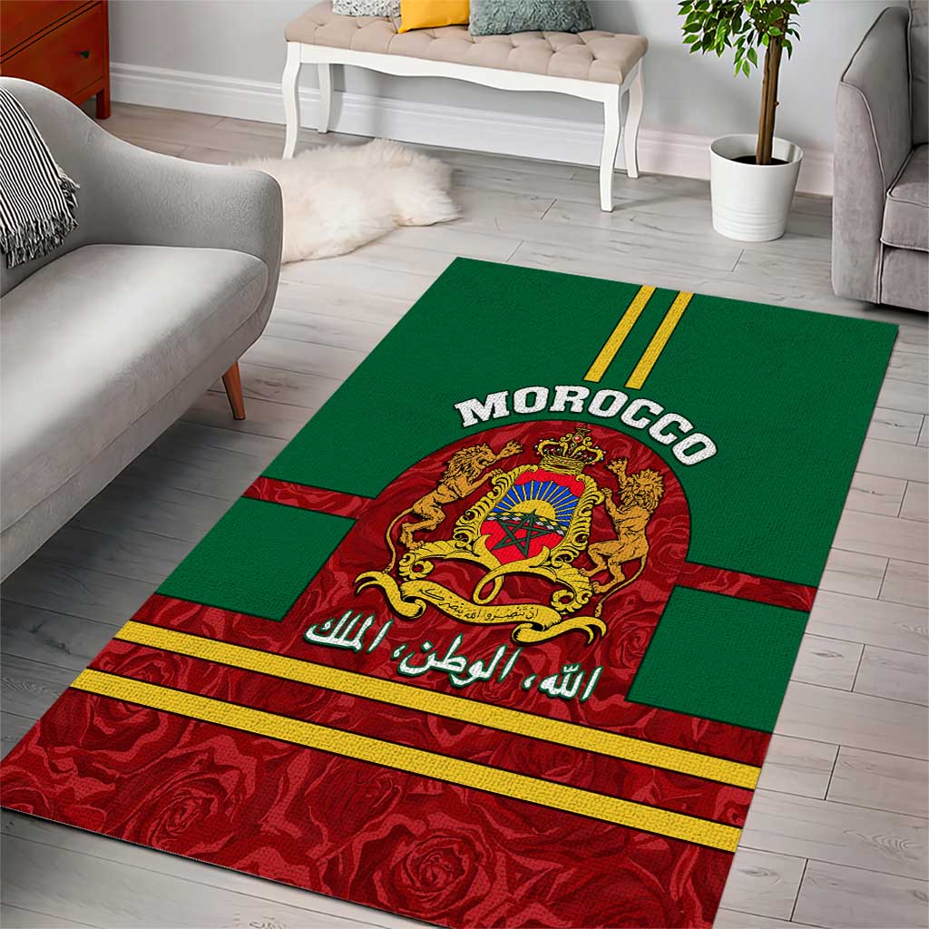 Morocco Proclamation Day Area Rug with Marruecos Coat of Arms and Roses Pattern