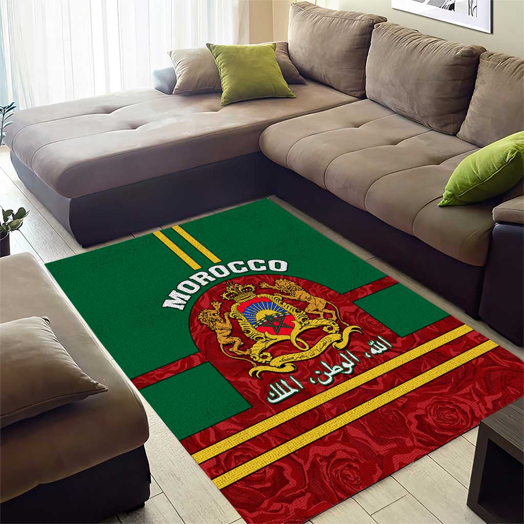 Morocco Proclamation Day Area Rug with Marruecos Coat of Arms and Roses Pattern