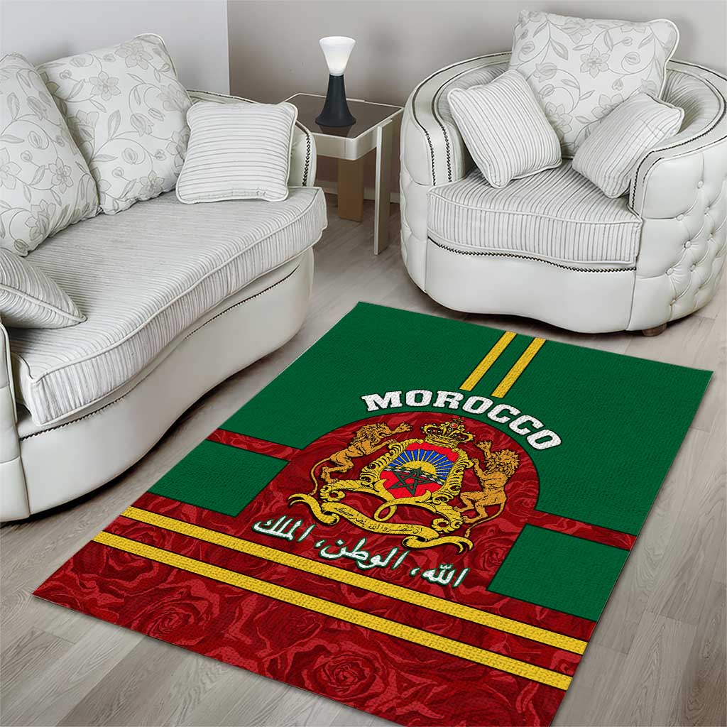 Morocco Proclamation Day Area Rug with Marruecos Coat of Arms and Roses Pattern