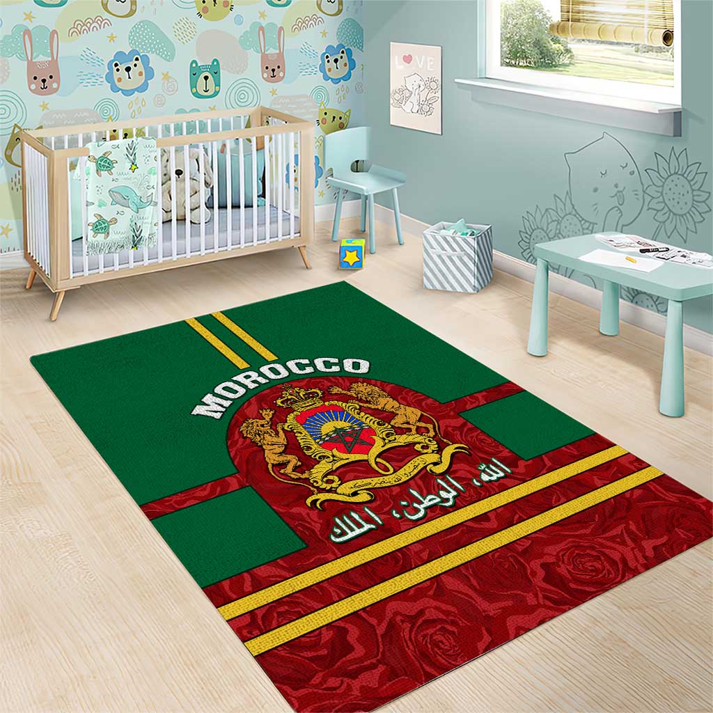 Morocco Proclamation Day Area Rug with Marruecos Coat of Arms and Roses Pattern